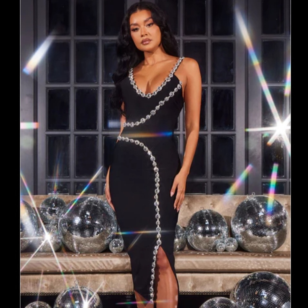 Fashion Nova Black Midi Dress with Pearl Details